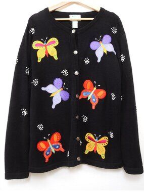 VTG‎ Quacker Factory Womens Large Black Embroidered Butterfly Cardigan Sweater